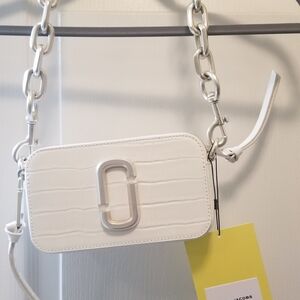 Marc Jacobs White Croc-Embossed Camera Crossbody with Silver Chain